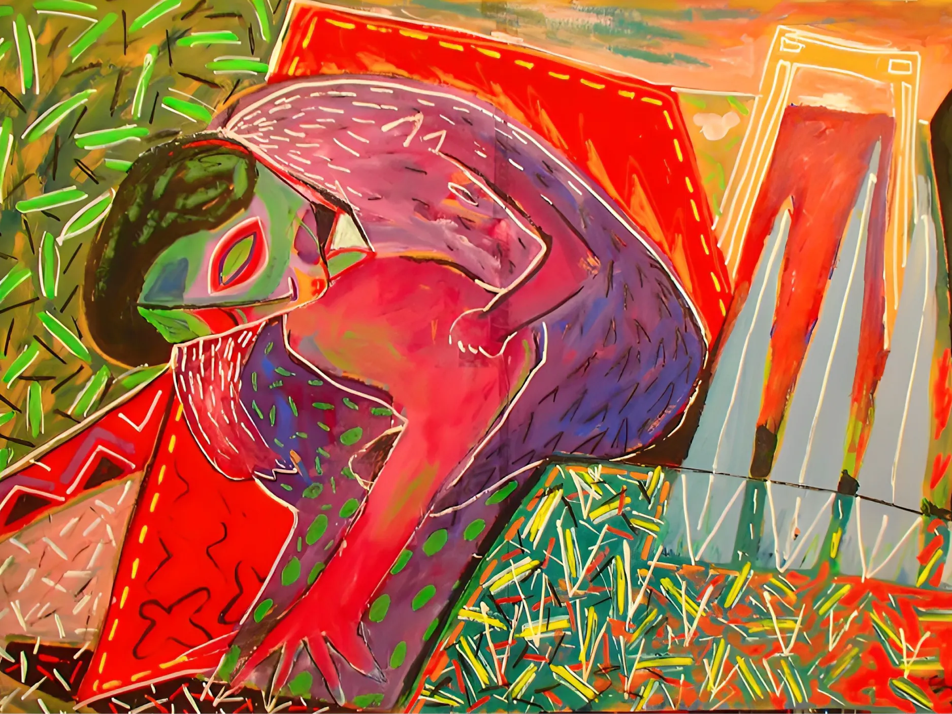 Abstraktna barvita slika s podobo človeka in živali v objemu